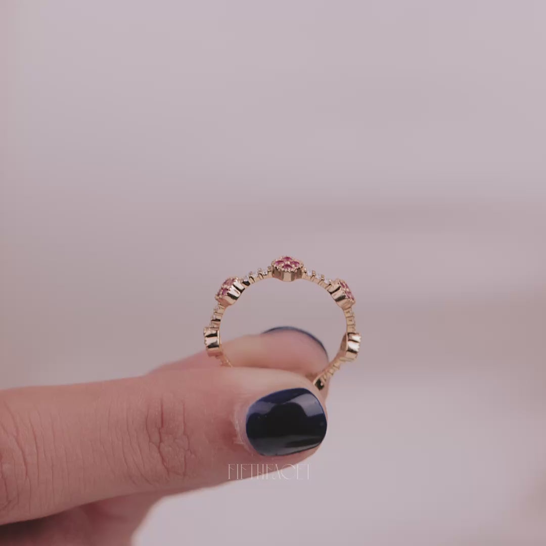 Ruby and Lab Grown Diamond Clover Eternity Band, Quatrefoil Floral Wedding Ring