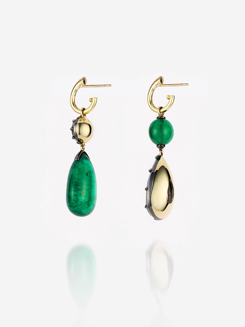 Asymmetrical Emerald & Lab Grown Diamond Drop Earrings, Two-Tone Gold Pear & Round Cut Statement Earrings